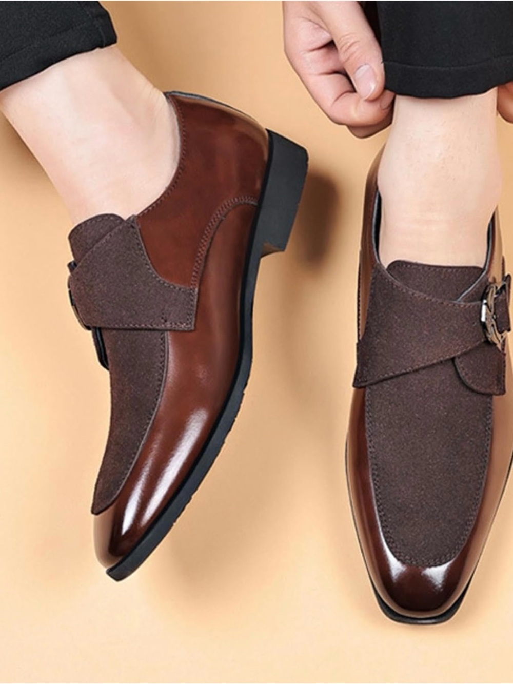 Brown Men's Leather & Suede Monk Strap Dress Shoes
